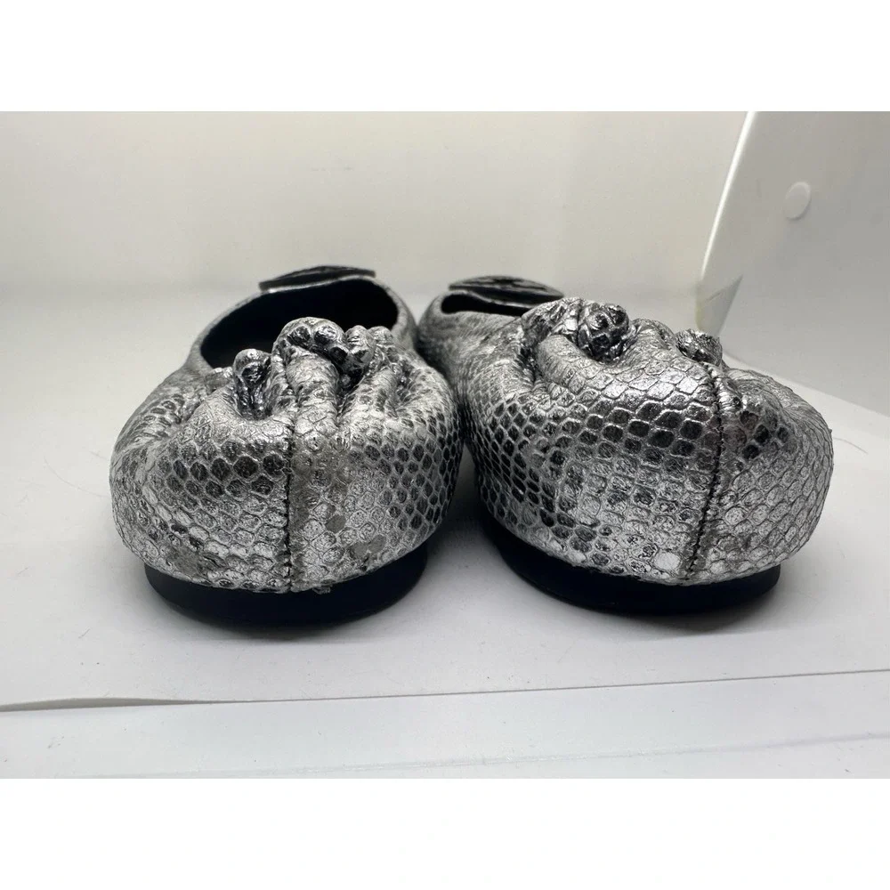 Tory Burch Reva Ballet Flats Silver Metallic Snake Embossed Leather Size 10M